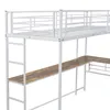 A close-up view of a white metal loft bed with a wooden desk attached. Náhľad obrázku produktu