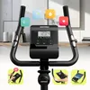 Close-up of the handlebars and display of a stationary exercise bike, with overlaid icons and inset images showing different features. Produktbild-Vorschau