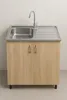 A stainless steel sink with a faucet and a draining board is mounted on a wooden cabinet with two doors. Produktbild-Vorschau