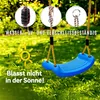 A blue swing seat hanging from ropes in a garden setting, with close-up insets showing attachment details and text overlays highlighting product features. Anteprima dell’immagine prodotto