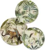 A collage of three round plates, each featuring a detailed jungle scene with animals and lush foliage. Produktbild-Vorschau