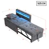A 3D rendering of a gray sofa bed with dimensions indicated by lines and numbers. Voir les images du produit