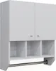 A white wall-mounted cabinet with two doors and three open shelves below, featuring a metal towel bar. Produktbild-Vorschau