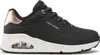 A side view of a black Skechers women's sneaker with a white sole and rose gold accents. Náhled obrázku produktu