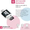 A close-up of a microSD card reader with USB-A and USB-C connectors, accompanied by marketing text and icons. Produktbild-Vorschau