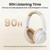 A pair of white and beige headphones with text highlighting their listening time and charging speed. Voir les images du produit