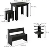 A diagram showing the dimensions of a dining set including a table, stool, bench, and corner shelf. Náhled obrázku produktu