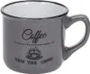 A gray ceramic mug with black text and an illustration. Náhled obrázku produktu