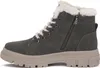 A side view of a gray winter boot with white fur trim and beige sole. Produktbild-Vorschau