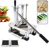 A stainless steel french fry cutter with interchangeable blades, shown with a basket of vegetables and examples of cut potatoes and cucumbers. Náhled obrázku produktu