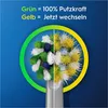 A close-up of an electric toothbrush head, split into two halves. The left half shows new, green bristles, and the right half shows worn, yellow bristles. Text indicates that green means 100% cleaning power and yellow means it's time to change. Produktbild-Vorschau