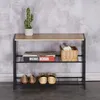 A shoe rack with a wooden top shelf, two metal shelves, and a decorative cactus on top. Náhled obrázku produktu