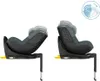 Two car seats shown side-by-side, demonstrating different recline positions. A circular icon with arrows indicating rotation is in the top right corner. Produktbild-Vorschau