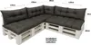 A sectional outdoor sofa made of white wooden pallets with dark grey cushions, shown with dimensions indicated by measurement lines and text. Anteprima dell’immagine prodotto