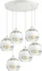 A white ceiling lamp with six glass globes hanging from a circular base. Produktbild-Vorschau