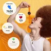 A person with an afro hairstyle is holding an orange smartwatch above their mouth, with various app notifications and health stats displayed in circles around them. Voir les images du produit
