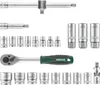 A set of tools, including a ratchet, sockets, and extensions, laid out on a white background. Produktbild-Vorschau