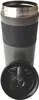 A gray travel mug with a black grip and a black lid is shown against a white background. The lid is detached and placed in front of the mug. Podgląd zdjęcia produktu