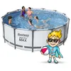 A family is enjoying a Bestway Steel Pro Max pool on a sunny day. A cartoon superhero character is standing in front of the pool, holding a beach ball. Produktbild-Vorschau