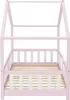 A pink and white house-shaped bed frame with a wooden slatted base. Náhled obrázku produktu