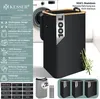 A black laundry basket with a bamboo frame is shown in a laundry room setting, with a washing machine in the background. Various features of the basket are highlighted with text and icons on the left side of the image. Produktbild-Vorschau