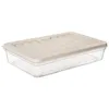 A clear, professional studio shot of a rectangular plastic food storage container with a beige lid, presented on a white background. Produktbild-Vorschau