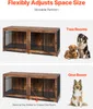 A product image showing a double dog crate furniture piece, with text overlays demonstrating its features and two dogs posing next to it. Náhľad obrázku produktu