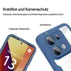 Close-up marketing image showing a blue phone case with a clear back, highlighting its protective features for the screen and camera. Produktbild-Vorschau