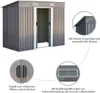 A metal garden shed with sliding doors, shown with close-up details of its features. Produktbild-Vorschau