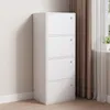 A white cabinet with four doors stands against a light gray wall, with brown curtains and a window in the background. Produktbild-Vorschau