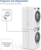 A stacked washing machine and dryer with a safety strap and a diagram showing its use. Produktbild-Vorschau