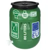 A green 80-liter barrel with a black lid and a white spigot, featuring various labels and icons. Produktbild-Vorschau