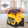 A yellow and black rotary laser level is shown in a room with wooden floors and large windows. An inset diagram shows the 360-degree laser projection. Produktbild-Vorschau