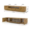 Two views of a wooden TV stand with dimensions indicated. Náhľad obrázku produktu