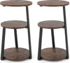 Two identical three-tiered round side tables with a rustic brown wood-look top and black metal legs are shown against a white background. Podgląd zdjęcia produktu