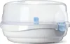 A white and clear baby bottle sterilizer with blue accents. Náhľad obrázku produktu