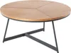 A round coffee table with a wooden top and a dark metal base, shown against a white background. Produktbild-Vorschau