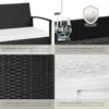 A collage of four images showcasing details of a rattan seating set, including cushions, a glass tabletop, woven texture, and water-repellent fabric. Náhled obrázku produktu