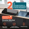 A two-burner induction cooktop is shown on a countertop next to a sink, with marketing text and icons highlighting features. Produktbild-Vorschau