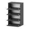 A gray, modern shoe cabinet with four open doors, shown against a white background. Voir les images du produit
