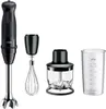 A black Braun hand blender set with accessories including a whisk, chopper, and measuring cup, laid out against a white background. Anteprima dell’immagine prodotto