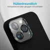 Close-up of a black smartphone case with a camera lens protector. Text overlays highlight a feature. Produktbild-Vorschau