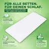 A white mattress topper is shown diagonally on a green background, with marketing text and icons around it. Produktbild-Vorschau
