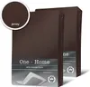 Two brown jersey fitted sheets are shown in packaging, with a close-up of the fabric texture and text labels. Produktbild-Vorschau