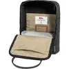 An open black backpack with tan interior pockets and a folded gray item inside. Produktbild-Vorschau