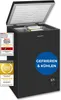 A black chest freezer with its lid open, showing a basket inside. There are several marketing badges and text overlays on the image. Produktbild-Vorschau