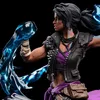 A close-up of a female figurine with dark hair in a ponytail, wearing a black studded vest over a purple top. She has blue energy effects around her arm and hand, and a brown pouch attached to her belt. Náhled obrázku produktu
