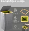 A collage of images showcasing a grey laundry hamper with a wooden rim and a green liner, highlighting its features and design. Náhľad obrázku produktu