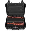 An open black tool case with orange-lined compartments for tools. Voir les images du produit