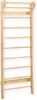 A wooden climbing wall with horizontal bars against a white background.